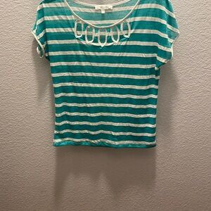Minty green striped top with some oval cuts on the front collar. Size L